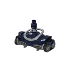 Zodiac AX20 Activ suction pool cleaner in navy blue with grey accents, rubber tracks, and swivel hose connector on white background
