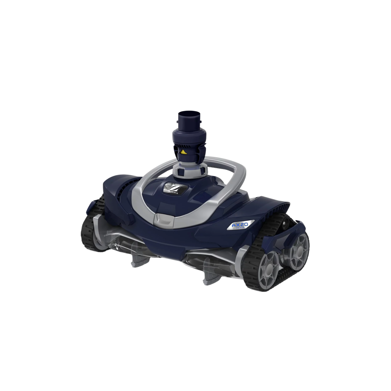 Zodiac AX20 Activ suction pool cleaner in navy blue with grey accents, rubber tracks, and swivel hose connector on white background