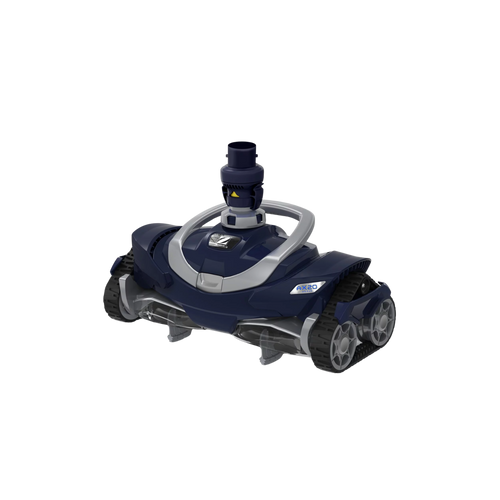 Zodiac AX20 Activ suction pool cleaner in navy blue with grey accents, rubber tracks, and swivel hose connector on white background