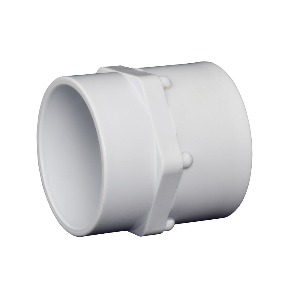 White PVC female tank adaptor fitting with ribbed centre band and open socket ends for pipe connections