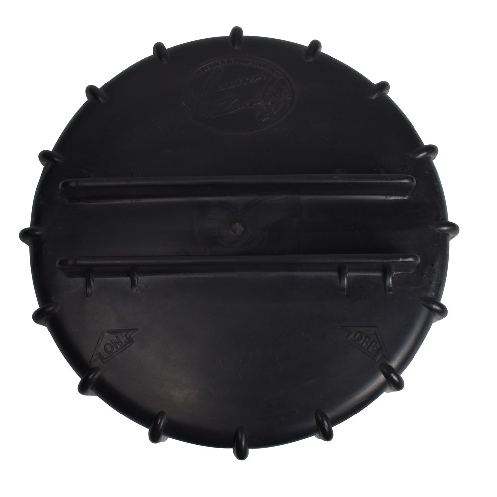 Black plastic pond bio filter lid with ribbed twist-lock design, serrated edge, on/off markings, and embossed logo, viewed from above