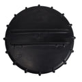 Black plastic pond bio filter lid with ribbed twist-lock design, serrated edge, on/off markings, and embossed logo, viewed from above