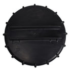 Black plastic pond bio filter lid with ribbed twist-lock design, serrated edge, on/off markings, and embossed logo, viewed from above